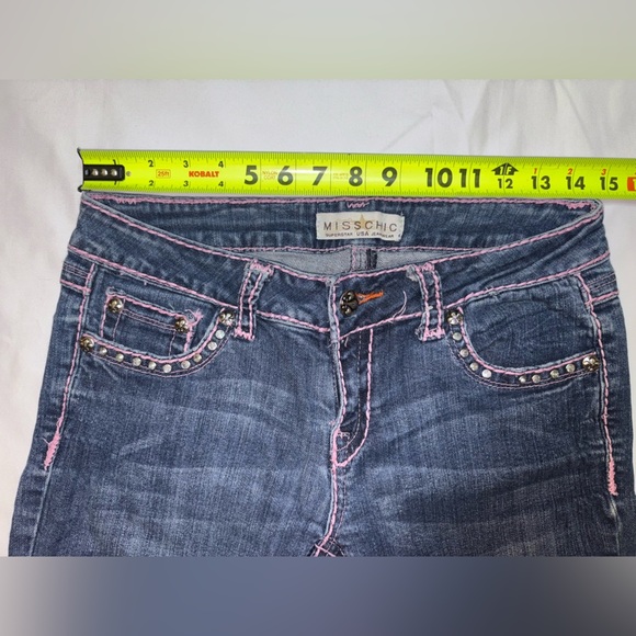 Miss Chic Vintage Size 7 Dark Wash Pink Accent Low Rise Skinny Jeans - Picture 3 of 12